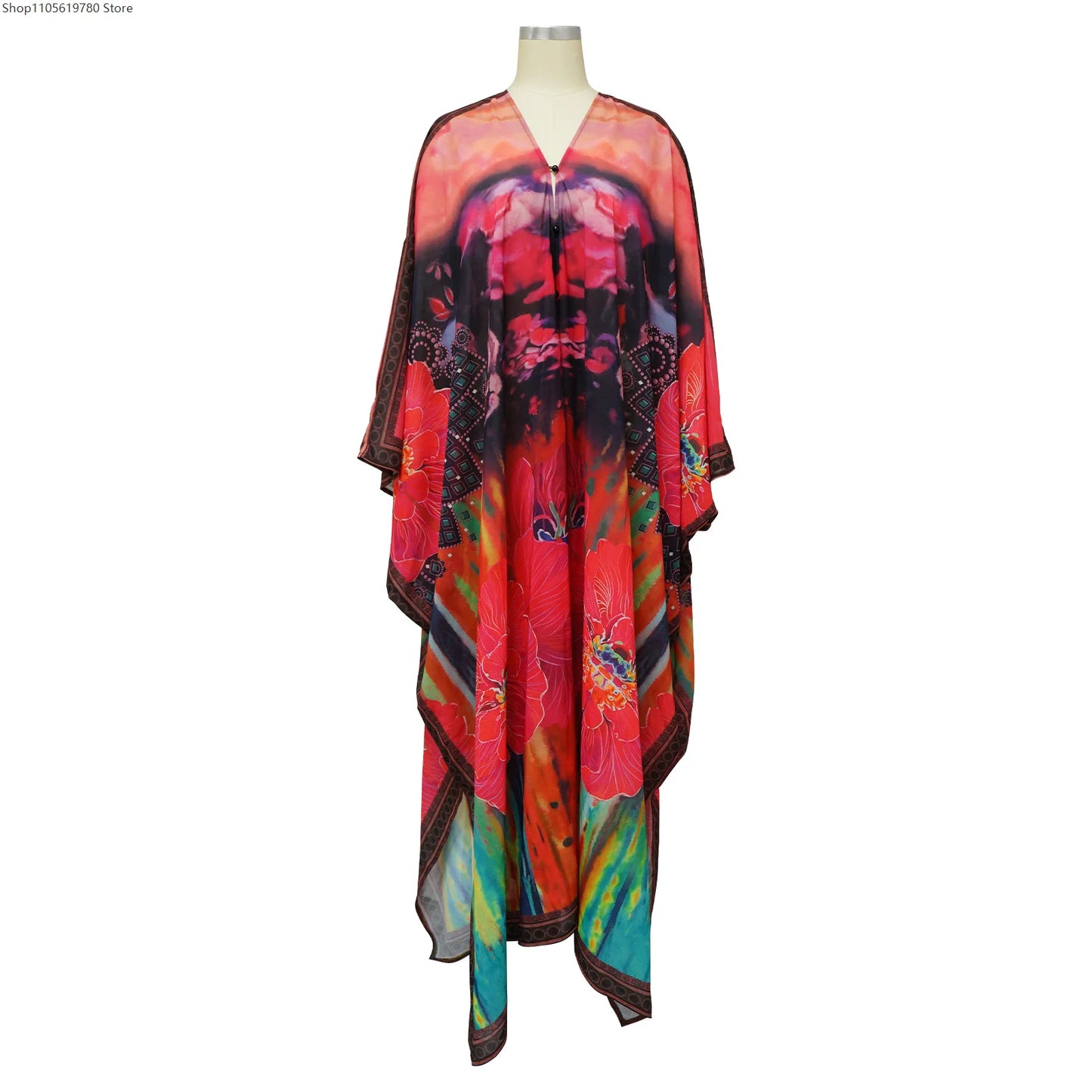 African Dresses for Women See-Through Chiffon Sexy V-neck Bohemian Printing Maxi Dresses Africa Kimono Bikini Holiday Beachwear