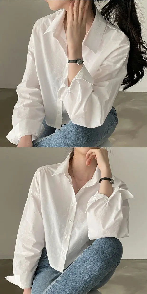 Zadily White Casual Long Sleeve Crop Top Blouse Korea Style Women Spring 2023