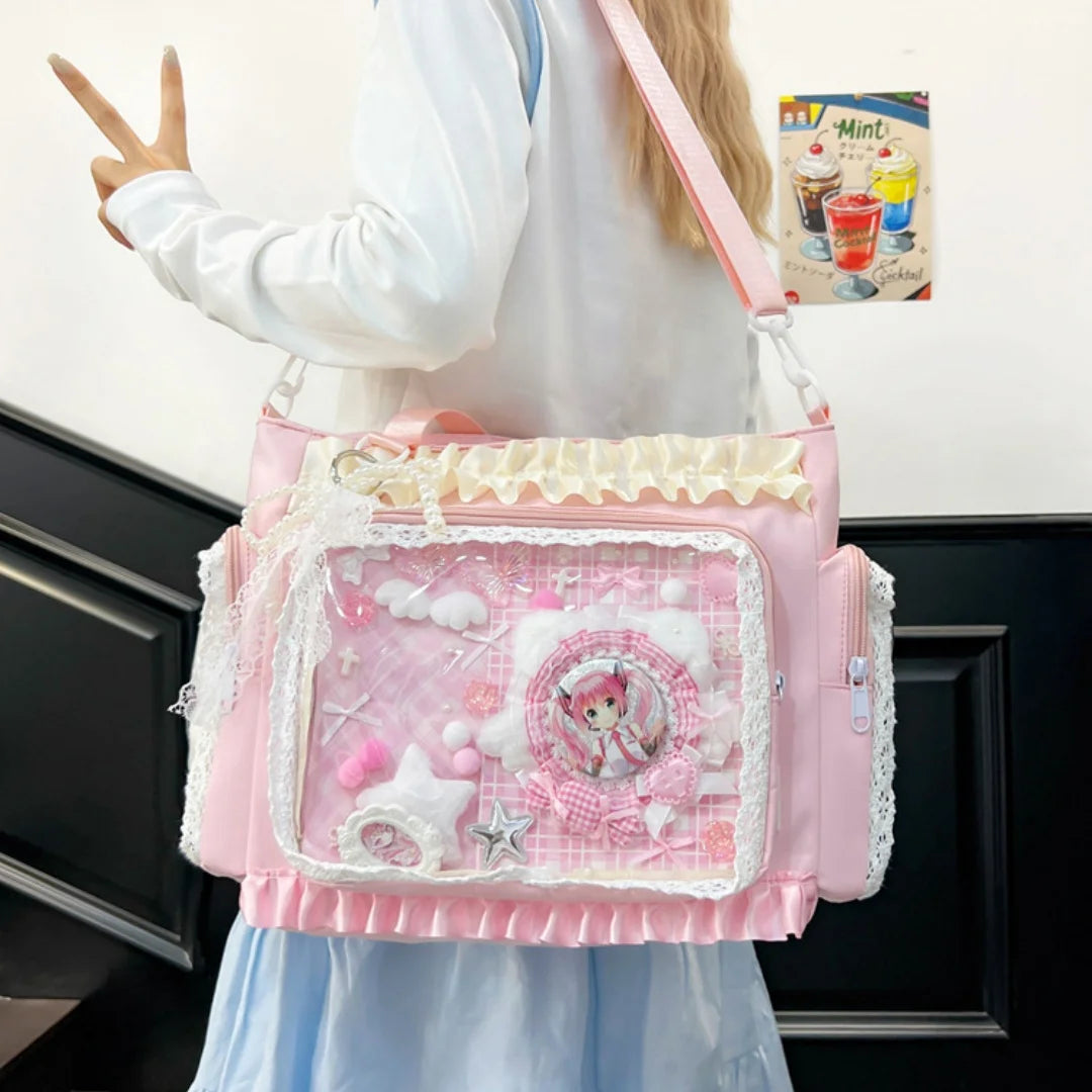 Sweet Lolita Single Shoulder Crossbody Bag Transparent Window Lace Ruffles Anime Badge Display Bag for Women