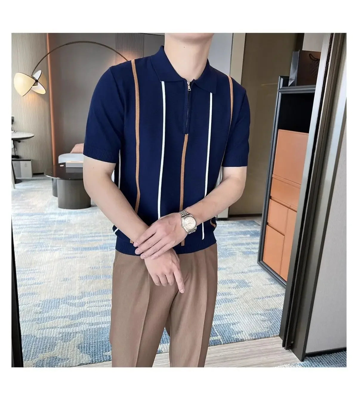 High-end Short-sleeved Men's British Retro Striped Slim Lapel Knitted Contrasting T-shirt 1/2 Pieces