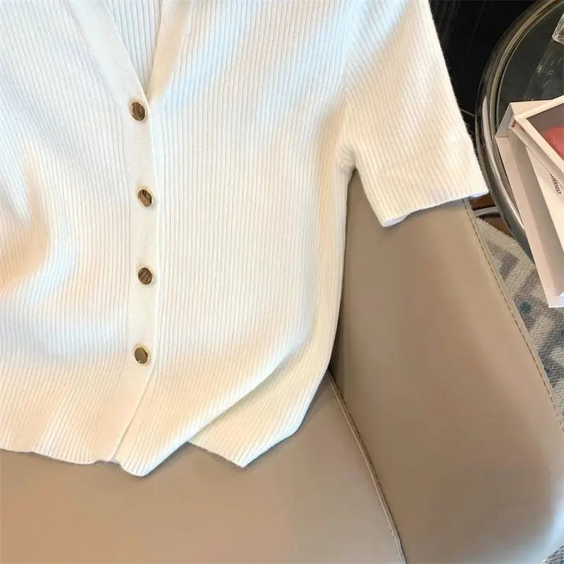 Knitted Polo Shirt  Women's Summer Cardigan Short Sleeve T-Shirt Casual Fashion Short Sleeve Tops Knitwear 2025 Korean Clothing