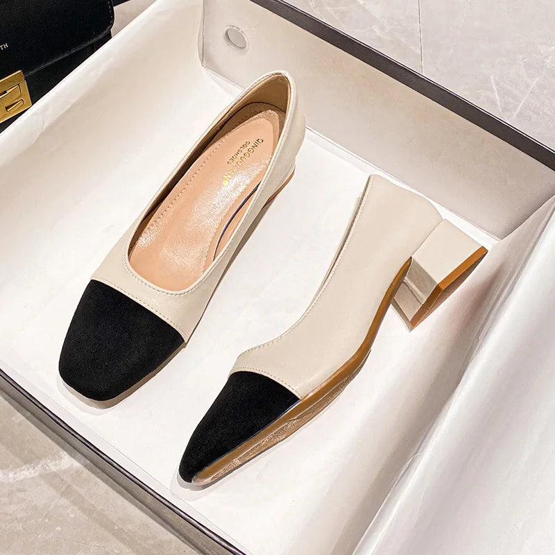 Woman Elegant Square Toe 3cm High High Heels Cute Beige Shallow Mouth Heel Female Shoes Barefoot Color Blocking Birken Shoes