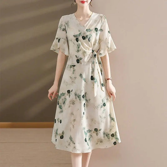 Womens V Neck Wrap Front Tie Waist Flare Sleeve Floral Print Chiffon Midi Dress