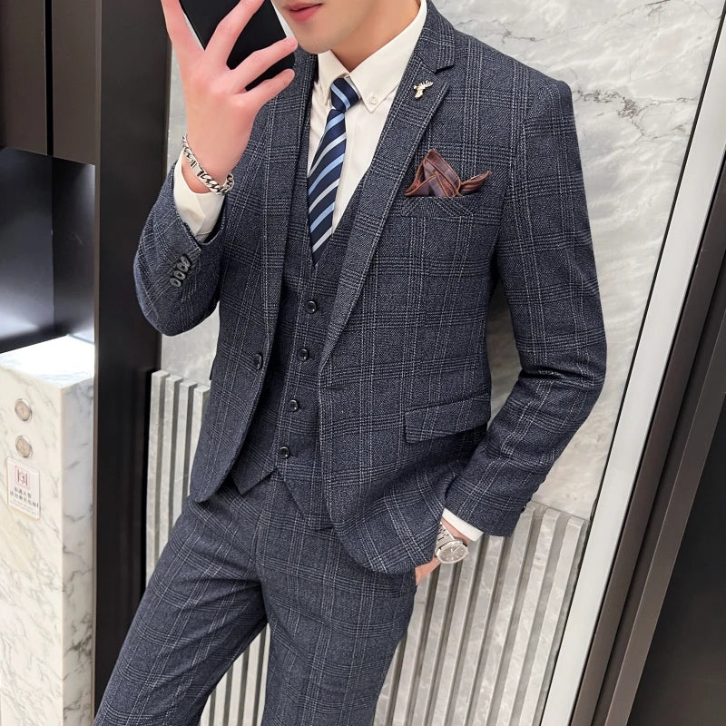 2023 Men's British Fashion Three-piece Set Slim Fit Suit Vest Trousers Ensemble Handsome Trendy All-in-one Banquet Blaze