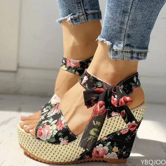 Summer New Fashion Slope Heel Fish Mouth Women's Sandals Party Lace Lace Strap Waterproof Platform Thick soled High Heels