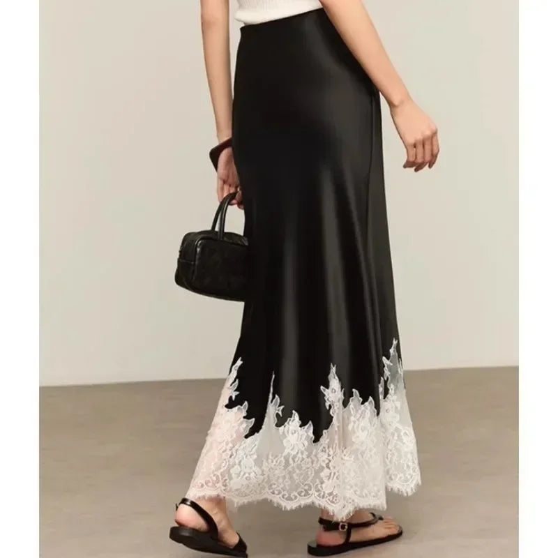 Elegant Lace-Trim Satin Midi Skirt Women Summer High Wasit Wrapped Hip Slim Long Skirts Fairy Fashion Office Women Clothing New