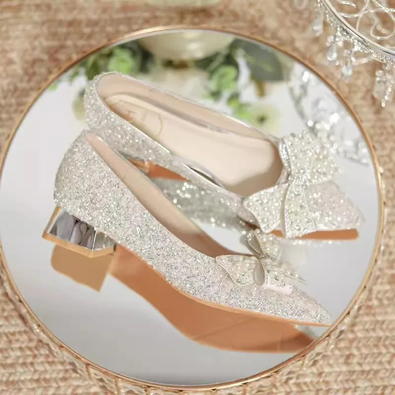 2024 New Autumn Brand Designer High Heels Luxury Pearl Crystal Bowtie White Wedding Shoes Women Pumps Thin Heeled Party Shoes