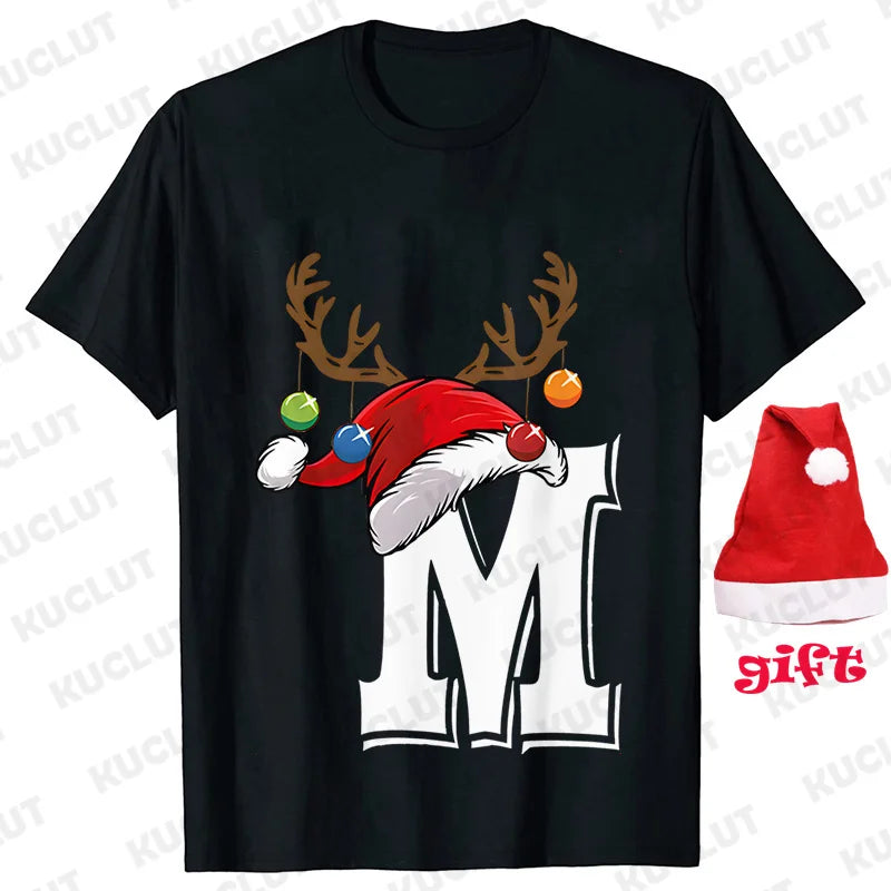 Funny Christmas Party Tshirt Fashion Women T Shirt Tops Short Sleeves T-shirt 26 A~Z Alphabet Casual Tees with Santa Hat Gift
