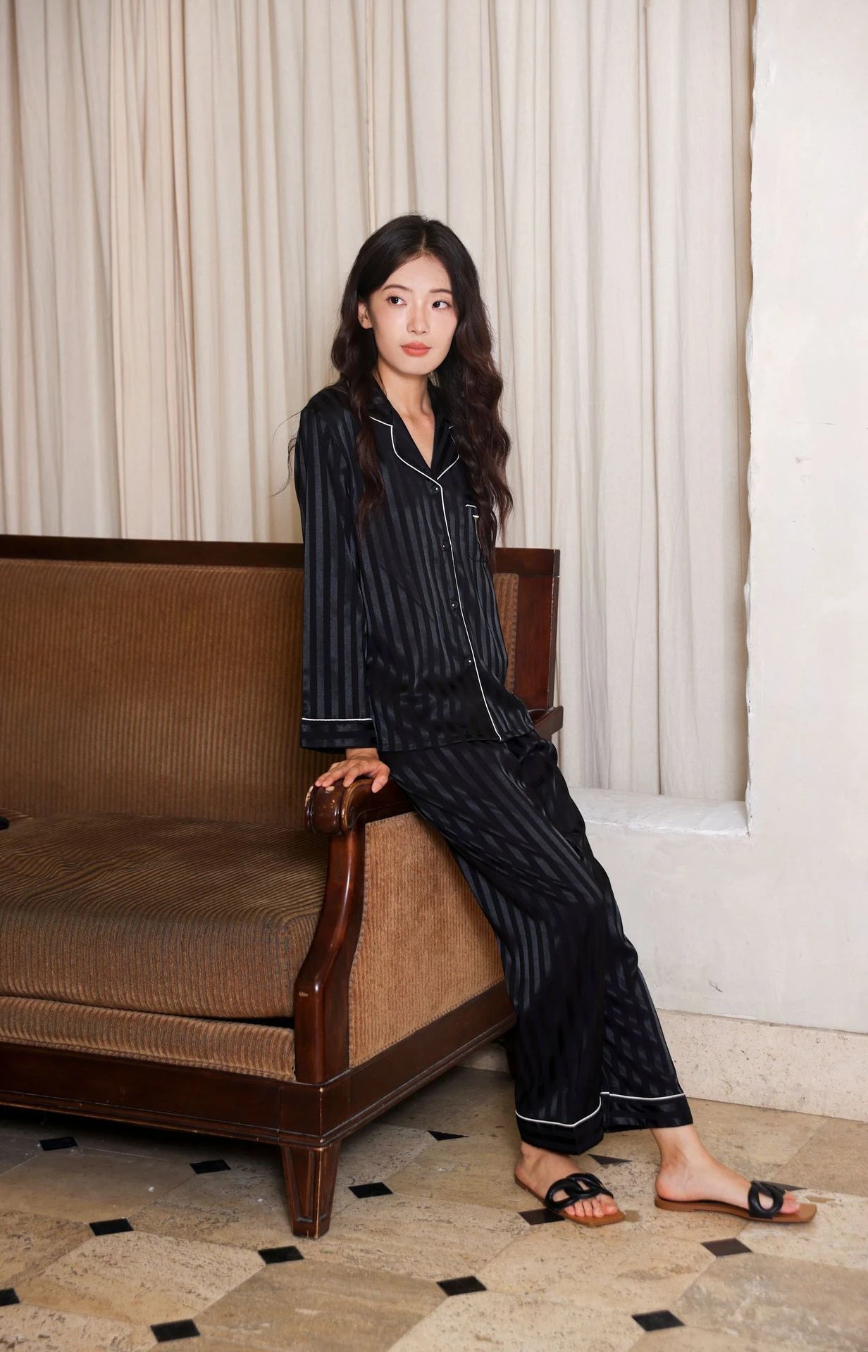 Silky Satin Pajama For Women Striped 2PCS Sleep Set Homewear 2025 Spring New Long Sleeve Trouser Suits Loungewear Nightwear