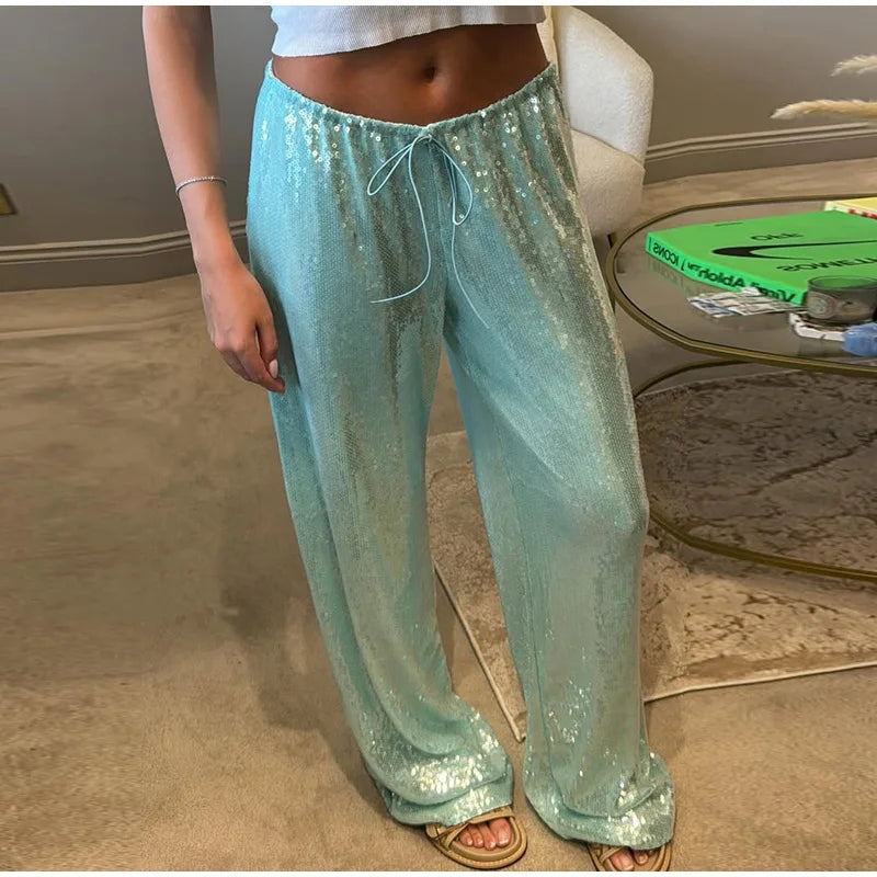 Women Sequin Pants Cinched Waist Glitter Baggy Straight Long Trousers