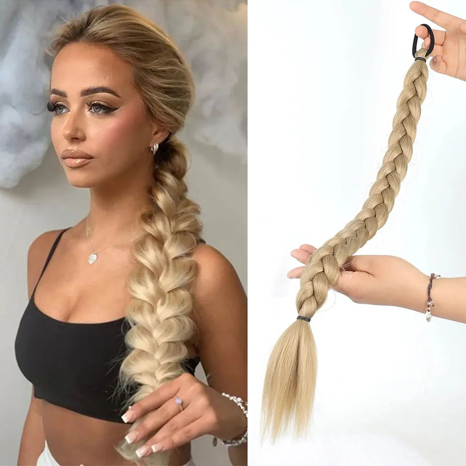 Synthetic Braided Ponytail Hair Extension With Rubber Band Boxing Braids For Women Hair Accessories 24Inch Long Black Braids