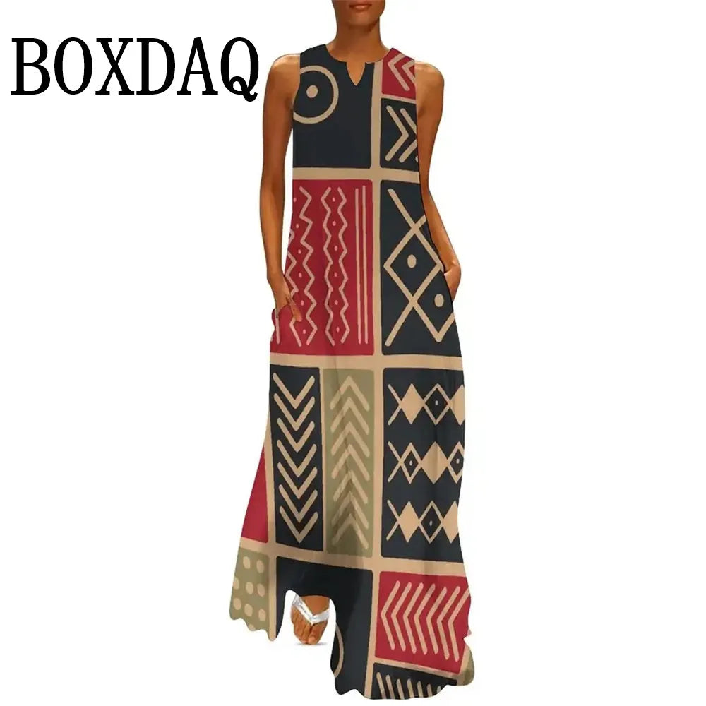 African Ethnic 3D Print Dress Summer Women Street Style Casual Sleeveless Long Dresses Women Loose Sundress Vintage Maxi Dresses