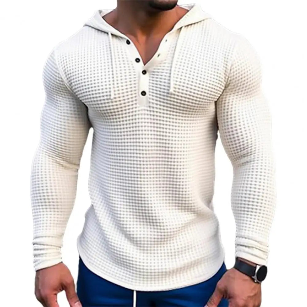 Spring Solid Color Slim Fit Long Sleeved T-shirt, Men's Hooded Breathable Sports Top, Waffle Cotton Casual Long Sleeved Shirt