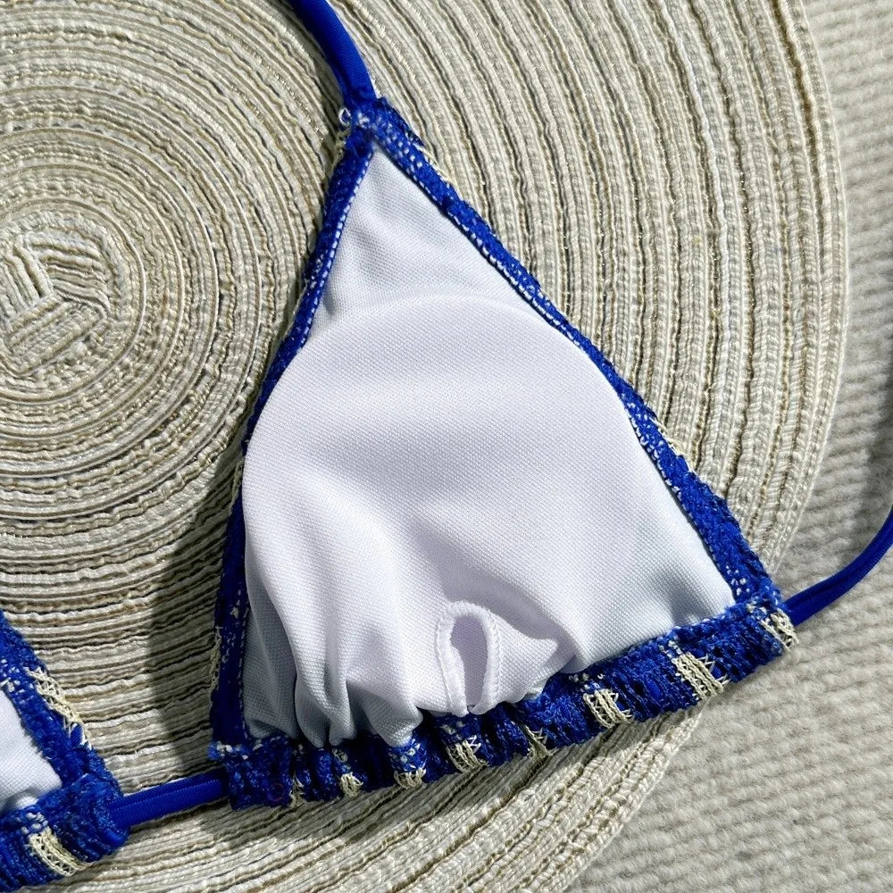 Fashion Stripes 3 in 1 Swimwear Set Lace Up Slim Fit Bikini Bathing Suit Deep-V Sleeveless Knitting Swimsuit Beach