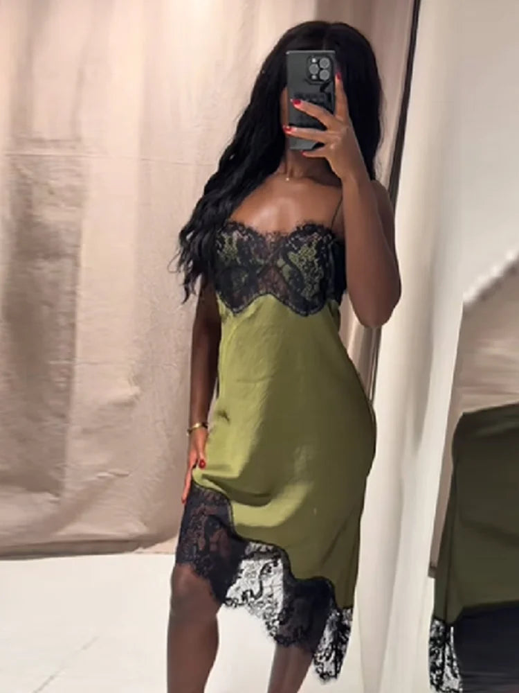 Women Vintage Elegance Knee-length Skirt Lace Edged O-neck Exposed Waist Brown Dress 2025 New Lady Party Club Fashion Clothing