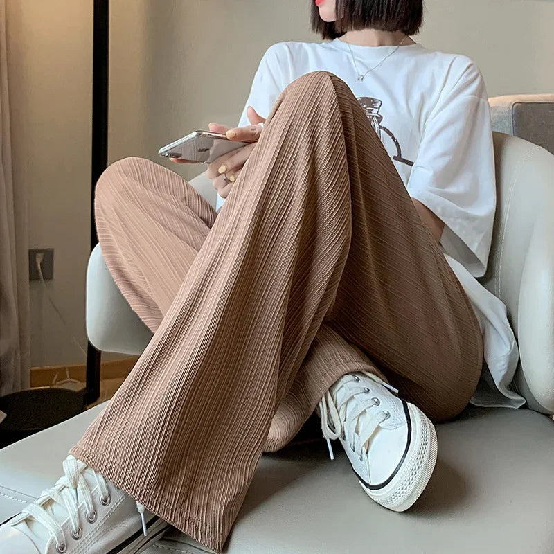 Thin Summer Wide-leg Pants Ice Filament Permeability Women Spring  Women Elastic Waist Stright Long Pants