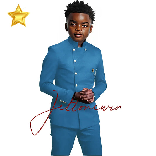 Elegant African Style Boy's Suit Stand Collar Blazer and Pants 2 Piece Casual Business Kids Wear