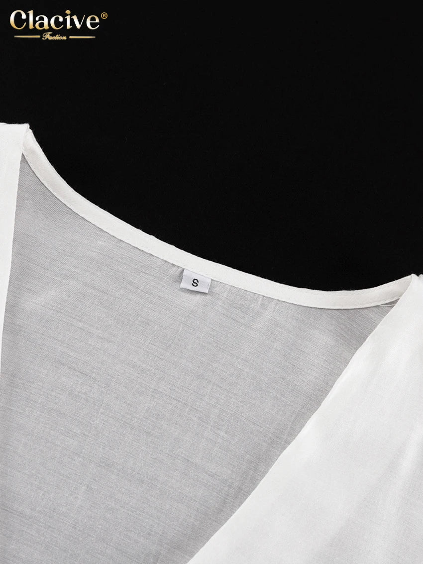 Clacive Sexy Loose White Women's Shirt 2025 Fashion V-Neck Long Sleeve Shirts Elegant Ruffle Irregular Top Female Clothing