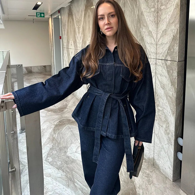Vintage Belt Denim Jacket Pants Set Women Lapel Single Breasted Jackets Pockets Straight Jeans 2025 Autumn Lady Street Outfits