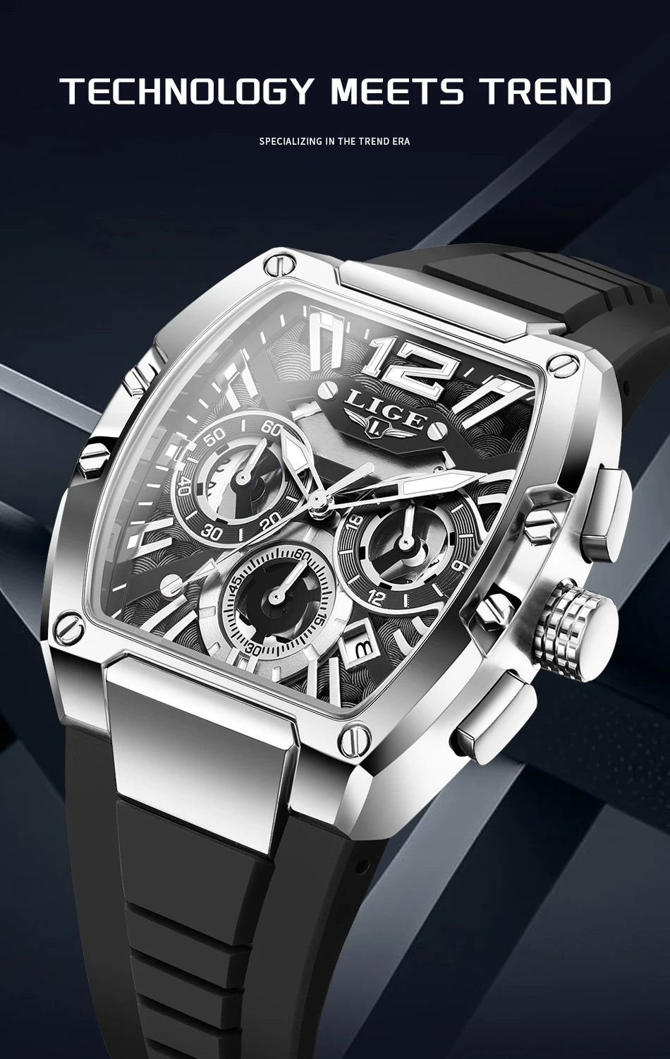 LIGE Fashion Simple Man Watch Casual Sports Military Waterproof Silicone Strap Luminous Quartz Watches for Men Chronograph Gifts