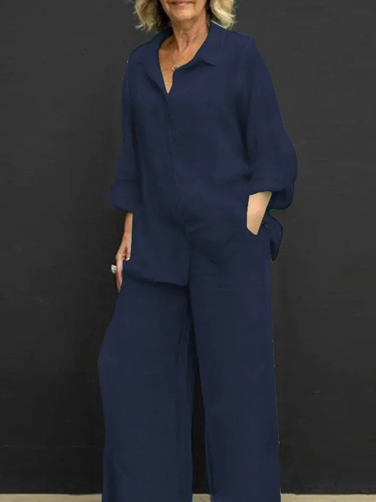 Spring Summer Women Lapel Long Sleeve Shirt High Waist Wide Leg Pants Set