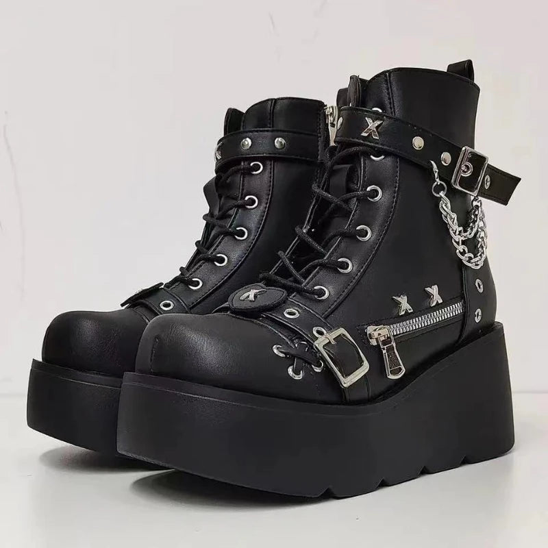 New Gothic Style Platform Vampire Cosplay Women Mid-calf Boots 2025 Winter Wedges Comfy Women Motorcycle Boots Shoes