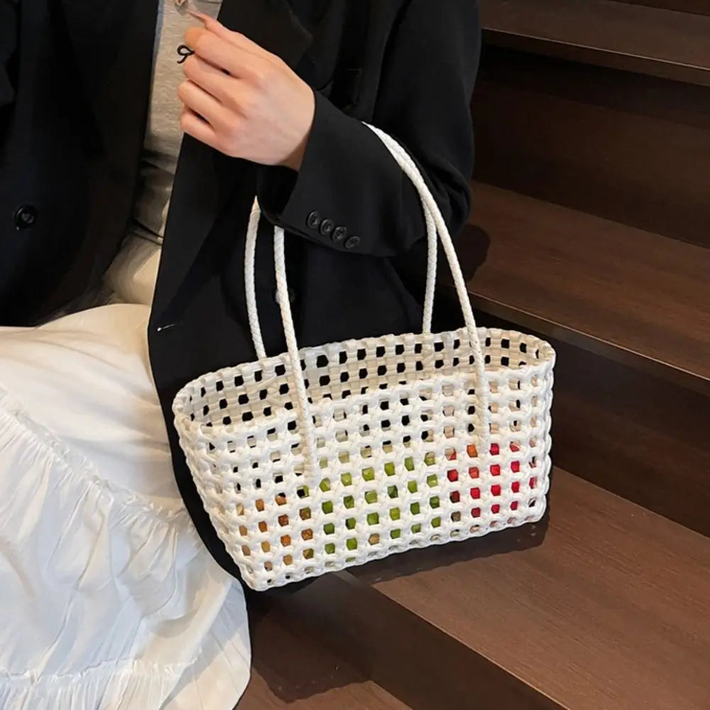 Simple Woven Women's Shoulder Bag Solid Color Large Capacity Tote Bag Hollow Handbag