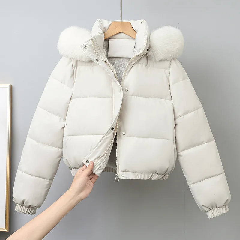 Short Coats Women Parkas Hooded Fur Collar Jackets Thick Warm Y2k Streetwear Elegant Jacket Work Coat Autumn Winter 2025