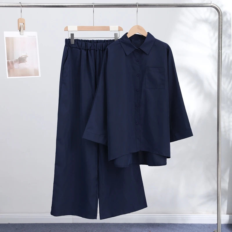 Fashion Stripe Long Pants Set Women Chic Lapel Single Breasted Shirt High Waist Wide Leg Trousers 2026 Spring New 2 Pcs Outfits