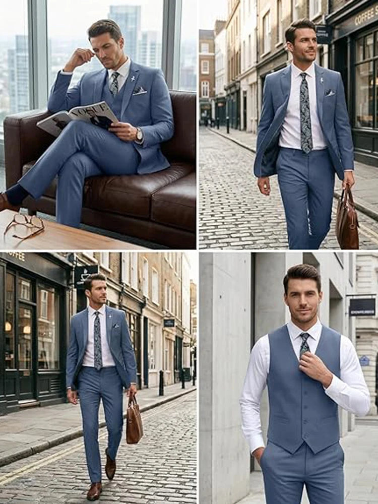 Men's Suit 3 Piece Set Blazer Vest Pants Slim Fit Formal Business Jacket Wedding Tuxedo for Groom Groomsman Business Banquet