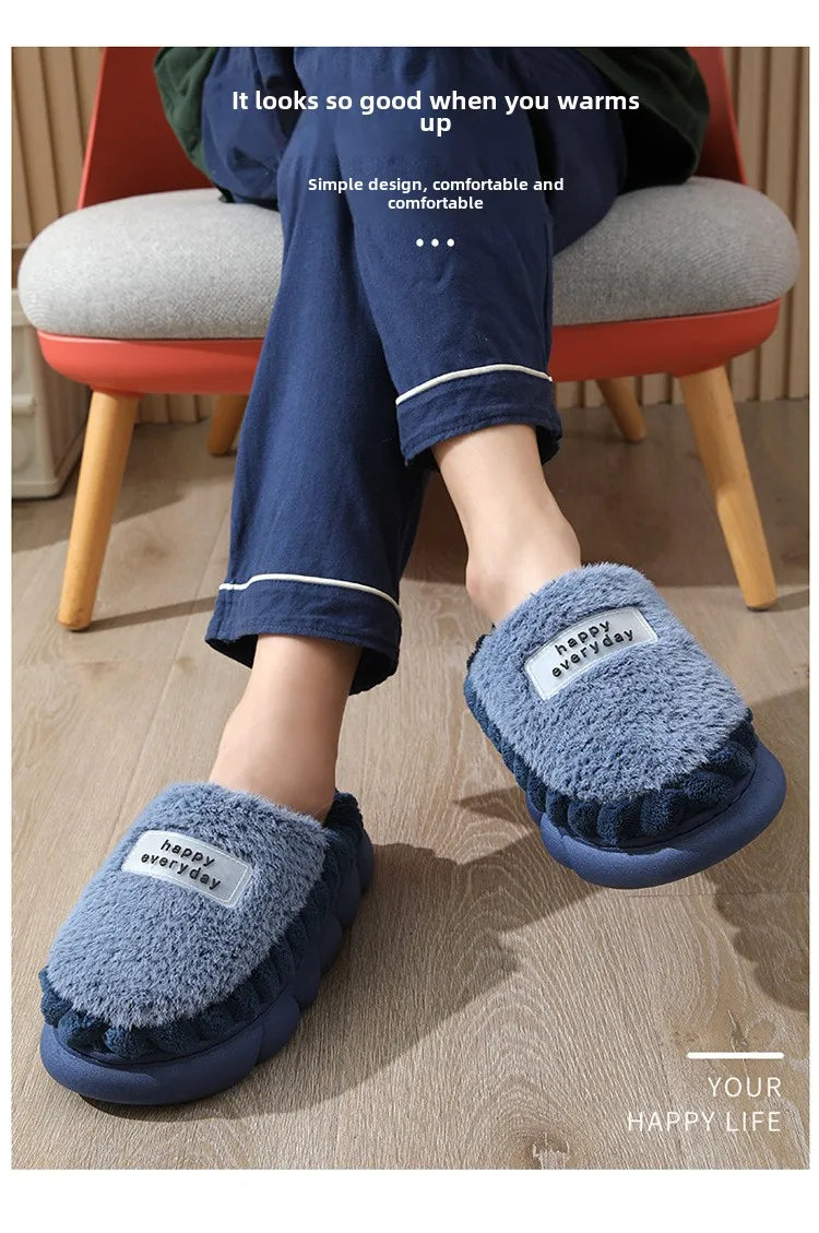 Man slippers home furry thick bottom slides designer winter warm velvet mens slippers blue cotton slipper males shoes