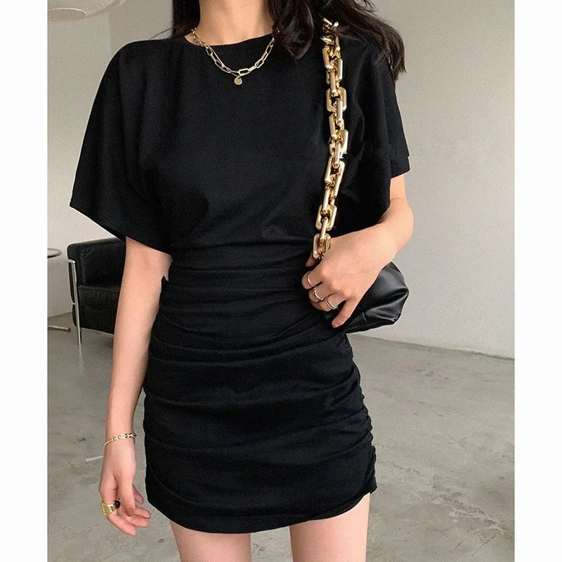2025 Summer Lady Concise Fashion Ruched Wrap Hip Dress Women Solid Color Thin Short Skirts Female Chic Korean Sexy Party Dress