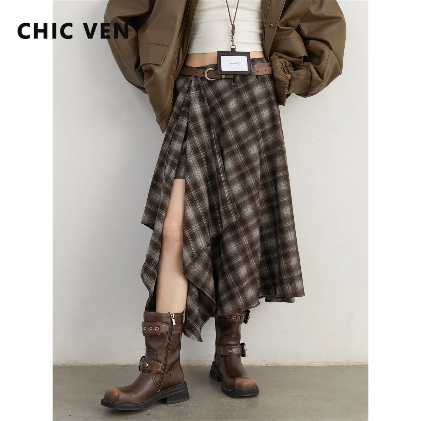 Chic Ven Women Skirt A Line Retro Loose High Waist Plaid Long Autumn Winter 2026