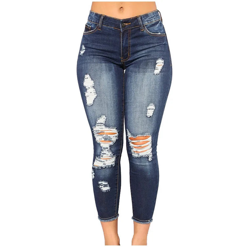 Women Ripped Jeans Low Waist Skinny Denim With Zipper Pockets Blue Y2K Summer