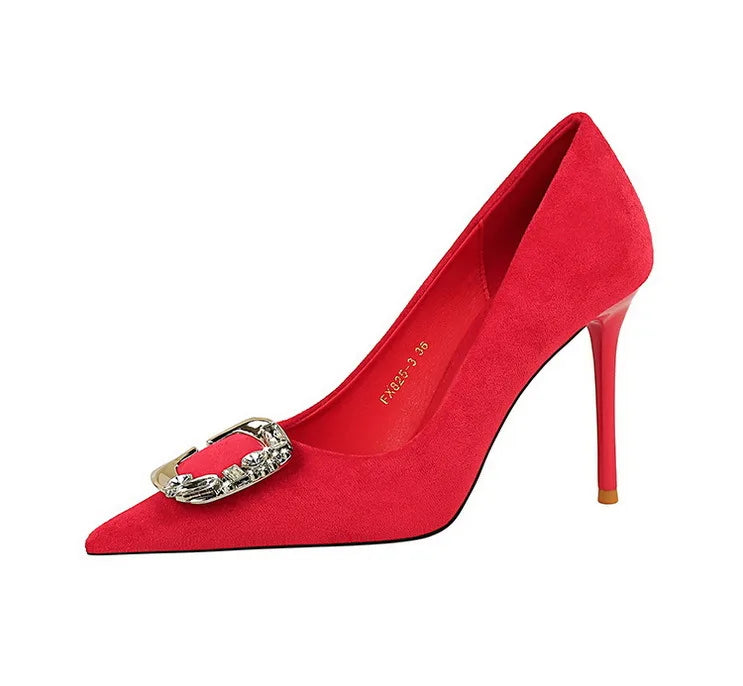 BIGTREE Shoes Metal Rhinestone Belt Buckle Women Pumps Suede High Heels Luxury Banquet Shoes Sexy Party Shoes Women Stilettos