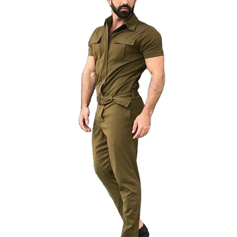 Multi-pocket Overalls Men's Jumpsuits Short Sleeves Trousers Suits Zippered Jumpsuits Men's Overalls Belted Jumpsuits