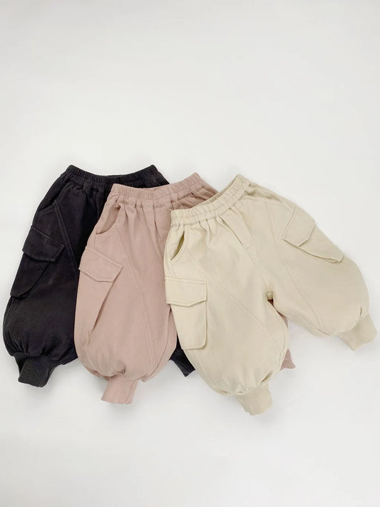 1-7 Y Kids Casual Pants  2026 Spring New Arrivals Korean Style Loose-Fit Cuffed Ankle Cargo Pants with Pockets for Boys and Girl