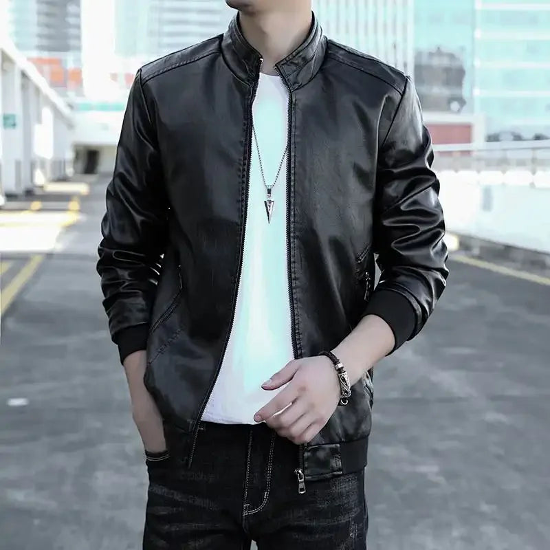 Trendy Casual Loose Jacket for Men with Velvet Thickened Winter with PU Leather Stand Collar