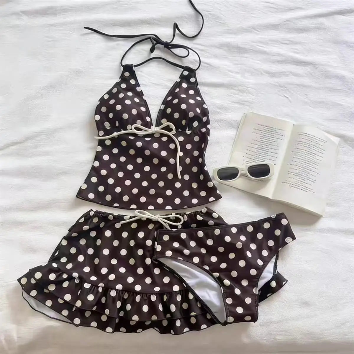 Womens Holiday Seaside Swim Sets 2-Piece Halter V-Neck Tie Strap Tankini Bodycon Contrast Waistband Beach Swimming Clothes