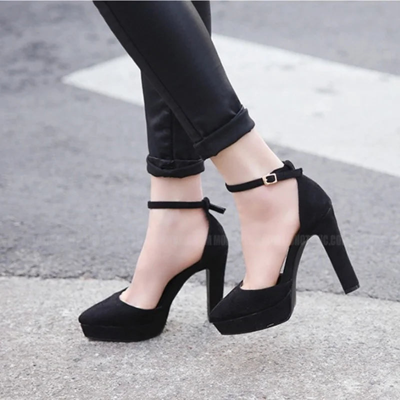 Black Platform Pumps for Women 14cm Spike Heels Ankle Strap Sexy Fashion High Heels Party Wedding Shoes Ladies