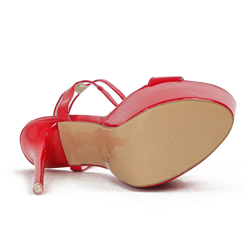 Sexy Red High Heels Platform Sandals For Women Fashion Double Buckle Strap Open Toe Wedding Banquet Shoes Big Size 45 46