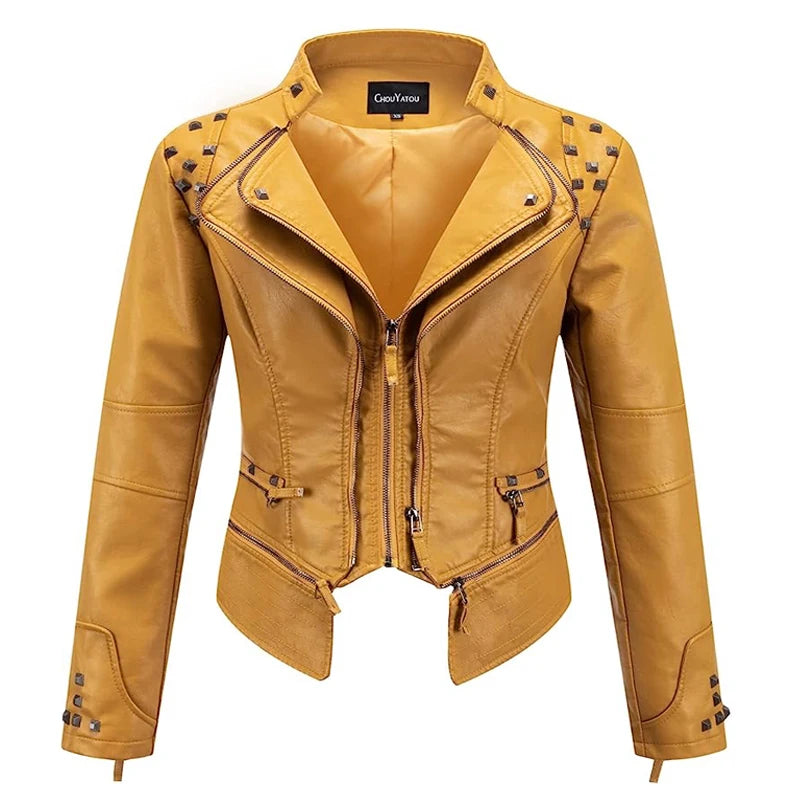 2025 Spring Women PU Leather Jacket With Suit Collar And Rivet Waist