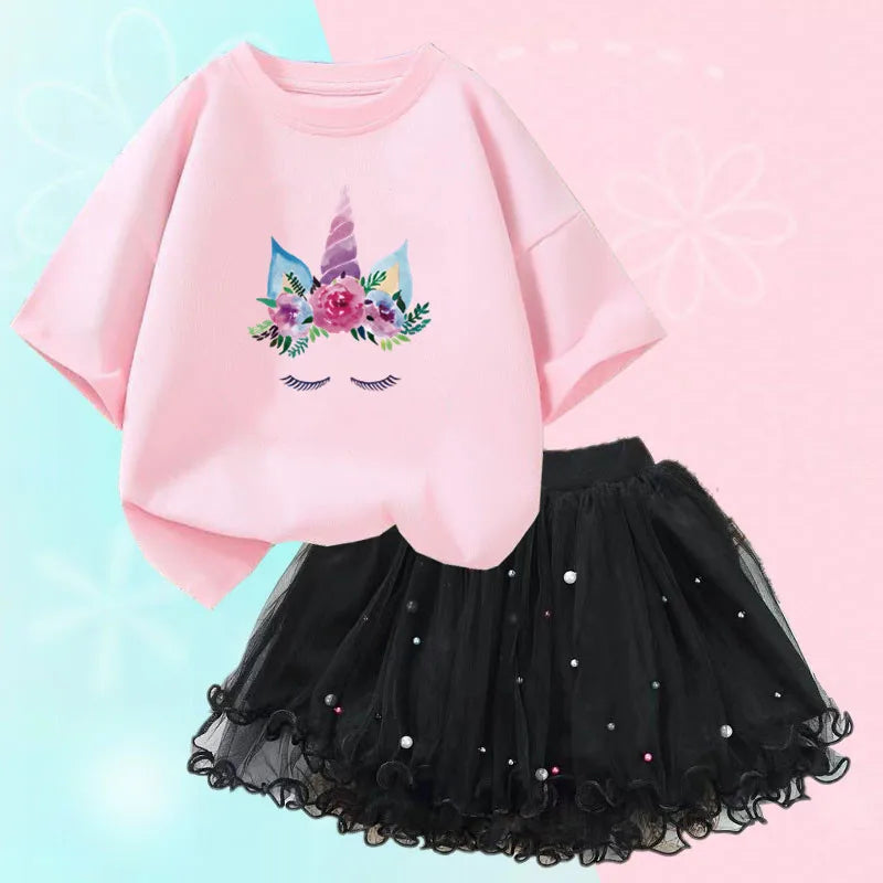 Dresses For Girl Summer Fashion Wear Outfit Kids T-Shirt Suit Unicorn Party Baby Costumes For Children Tulle Tutu Skirt Clothing