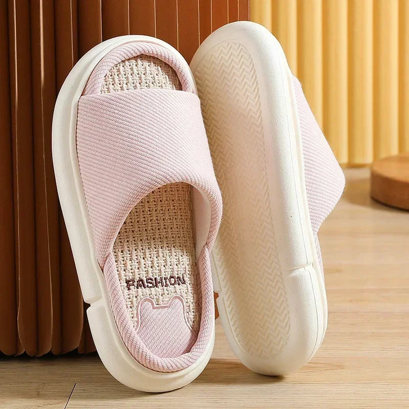 Couples Home Linen Slippers Women Indoor Soft Comfortable Bedroom Slides Men Leisure Non Slip House Shoes Platform Cotton Flats