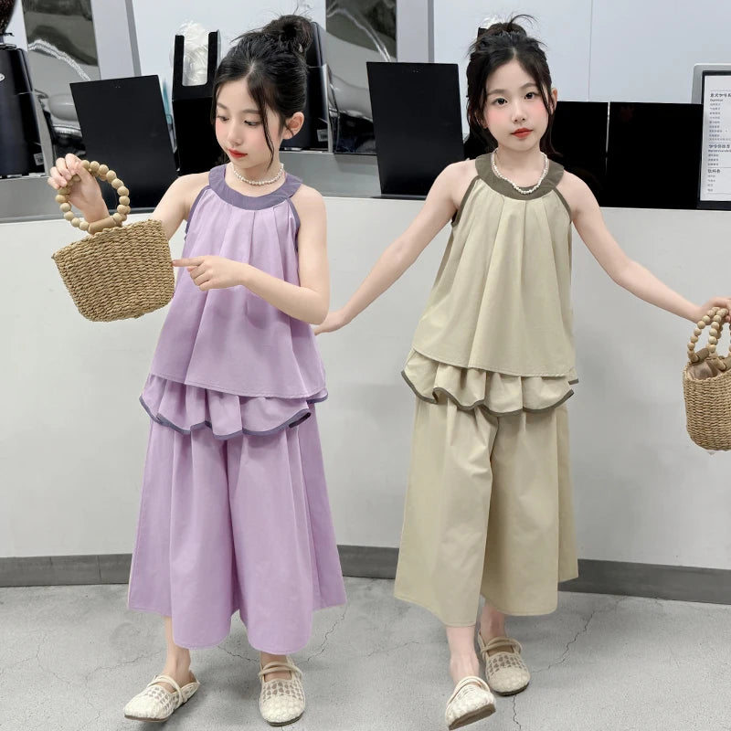 Girls Summer Casual Loose Skirt Pants Set Two Piece Outfit Big Kids Fashion Children's Clothing Set Comfortable
