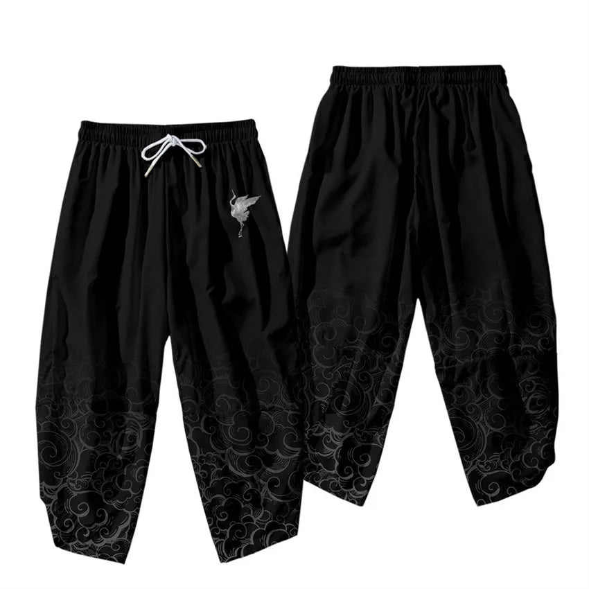 Men Yukata Style Harajuku Cardigan Traditional Japanese Great Wave of Kanagawa Crane Printed Trousers Asian Costume Kimono Pants