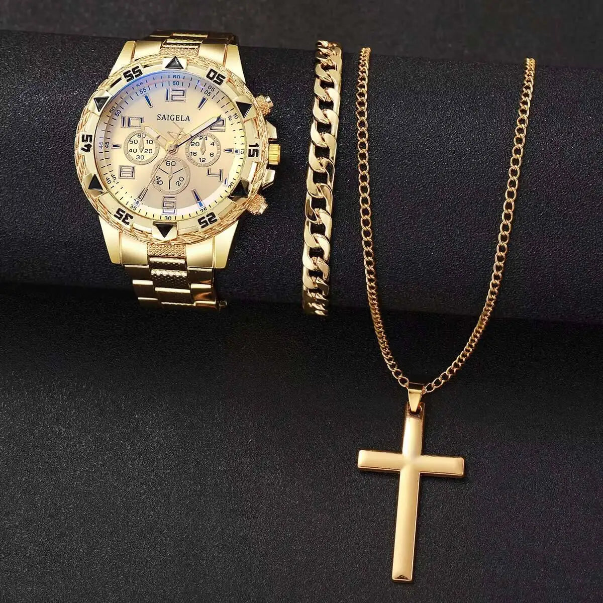 3PCS/Set Fashion Men's Quartz Watch Luxury Large Dial Men Business Watches Necklace Bracelet Set Reloj Hombre（Without Box）