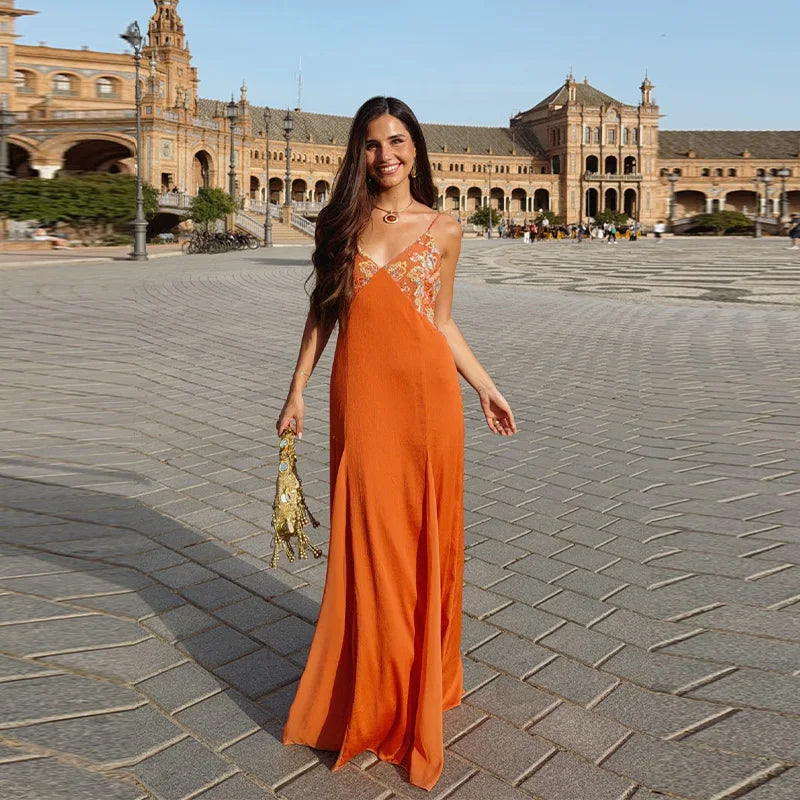 Sexy Women's Sequined Flower Long Orange Sling Dress Deep V Neck Sleeveless Backless Dresses 2026 Summer Holiday Party Robes New