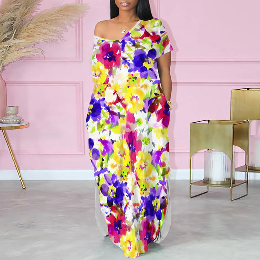 Ethnic Print Kaftan Dress Loose Maxi Dress for Women African Tribal Style Summer Off Shoulder Robe