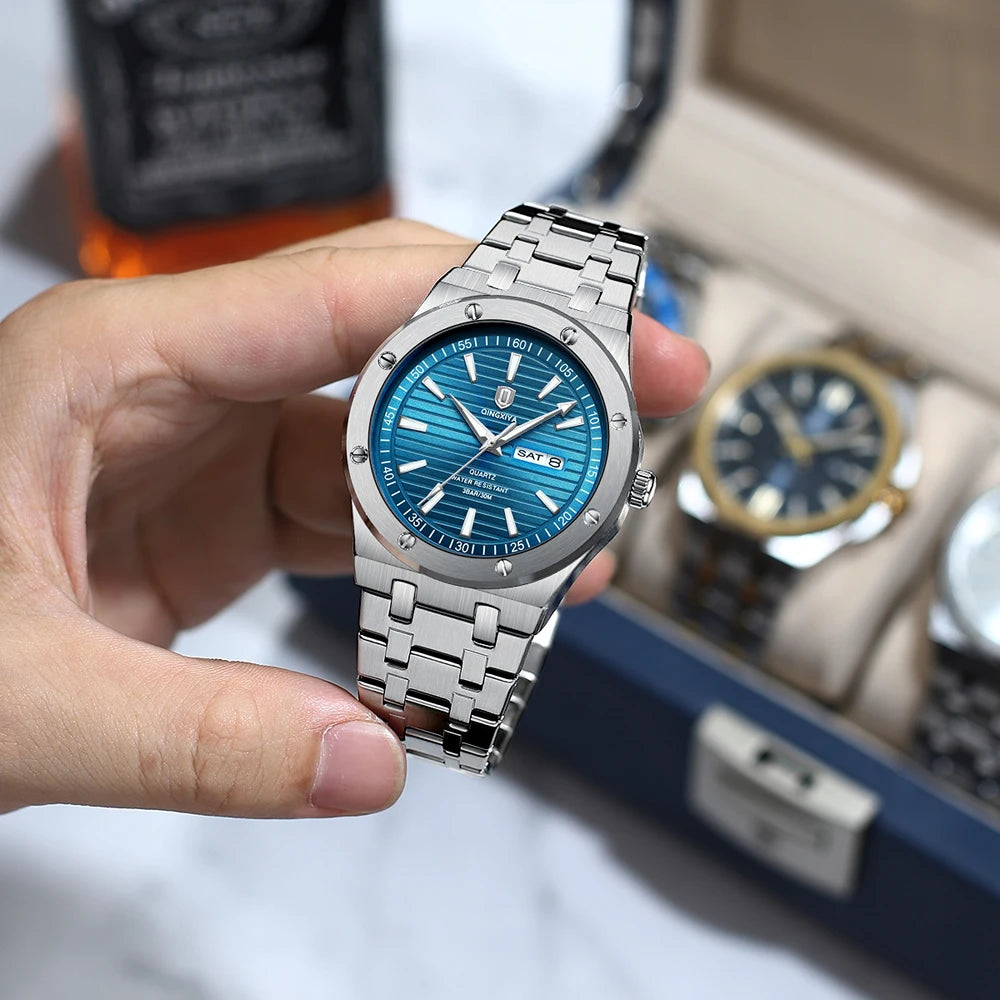 QINGXIYA New Mens Quartz Watches Top Brand Luxury Week Date Man Wristwatch Stainless Steel Waterproof Luminous Sports Men Watch